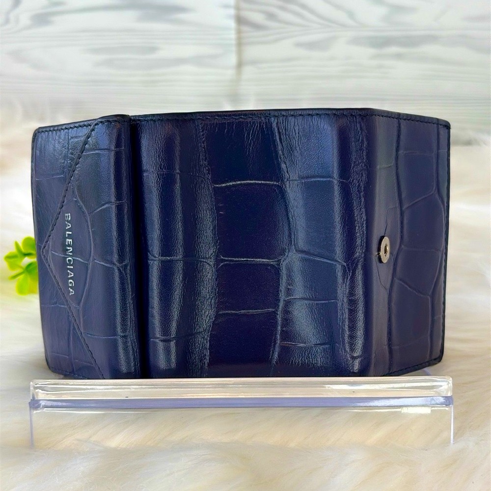 Balenciaga Navy Blue Croc-Embossed Trifold Compact Wallet - Picture 8 of 15